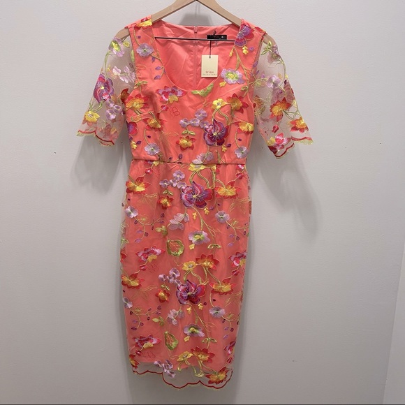 Trina Trina Turk Romance Floral Embroidered Sheath Dress in Coral Multi Size 2 - Picture 2 of 7
